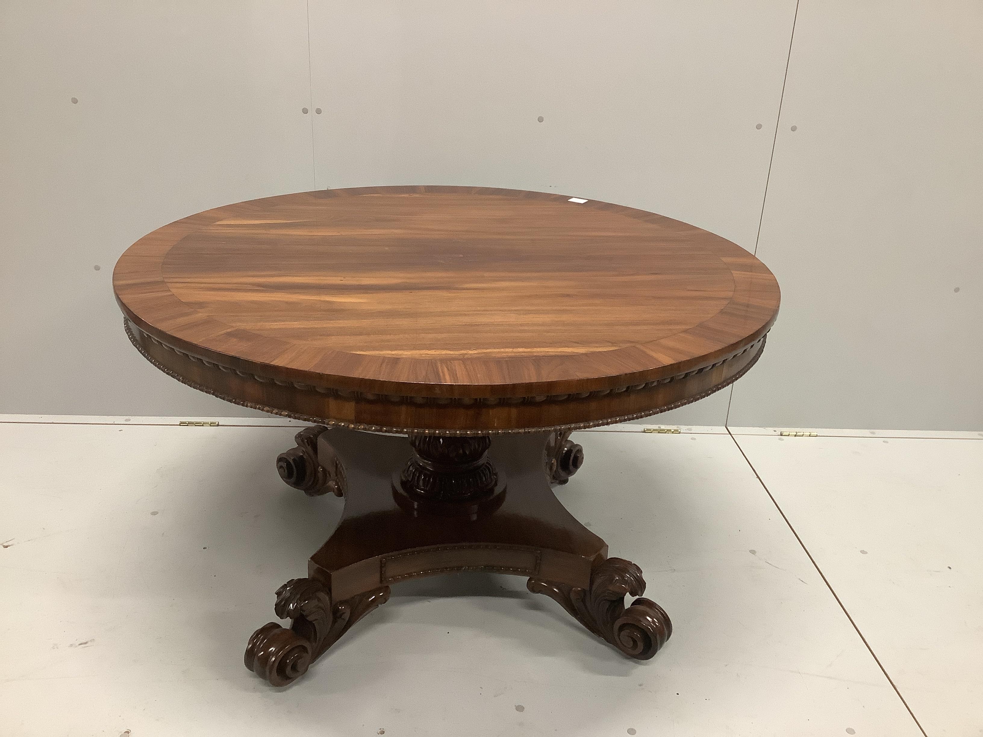 A William IV circular rosewood tilt top pedestal dining table, diameter 121cm, height 72cm